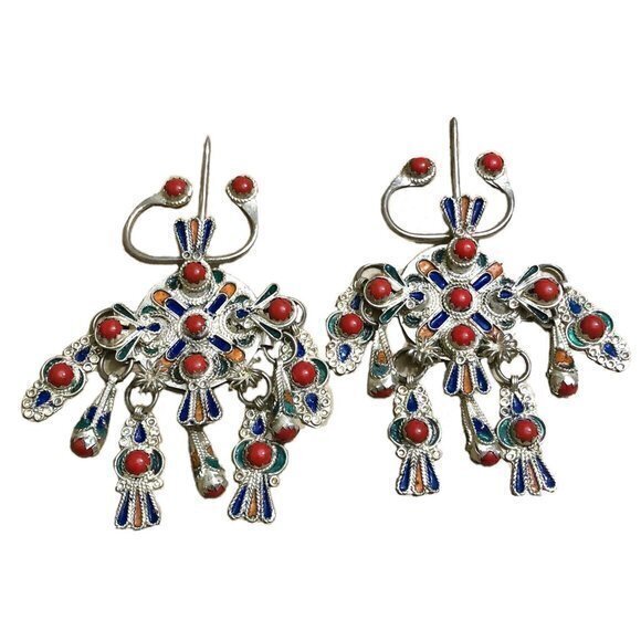 Vintage Silver Moroccan Berber Fibula Pair Enamel 3”x3.5” Ethnic Pin Jewelry